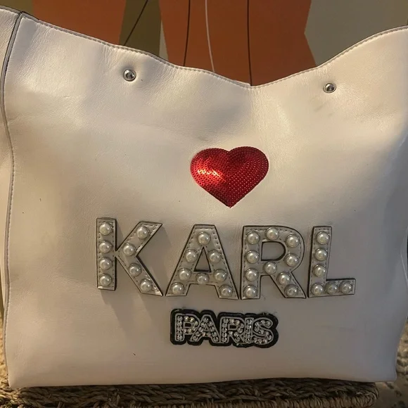 Karl Lagerfeld White bag  Red Heart and Pearl Accents - Picture 2 of 7